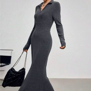 New Gray Zip Neck Maxi Dress Large